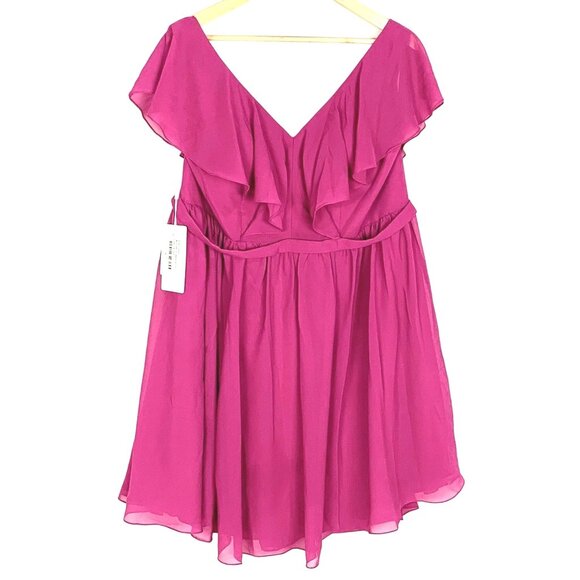 Fuchsia Ruffle-Front Chiffon Bridesmaid Dress V-Neckline Waist Knee-Length New - Picture 1 of 12